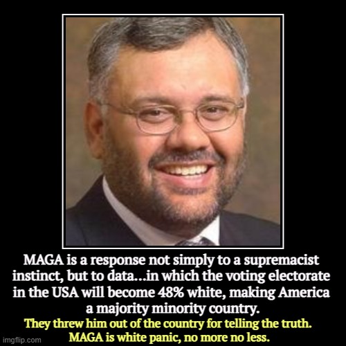 The South African ambassador was expelled for calling MAGA out for what it is. | MAGA is a response not simply to a supremacist 
instinct, but to data...in which the voting electorate 
in the USA will become 48% white, ma | image tagged in funny,demotivationals,trump,maga,racist,panic | made w/ Imgflip demotivational maker