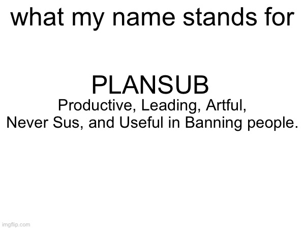 plansub true meaning | what my name stands for; PLANSUB; Productive, Leading, Artful, Never Sus, and Useful in Banning people. | image tagged in so true meme,memes | made w/ Imgflip meme maker