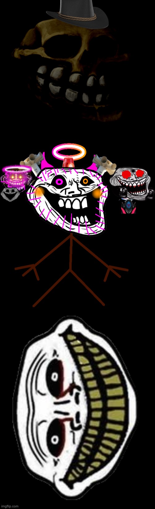 Trollge Becoming Uncanny: Phases 41, 42, 43. | image tagged in skull troll,trollge 5,uncanny,troll face,trollface,trollge | made w/ Imgflip meme maker