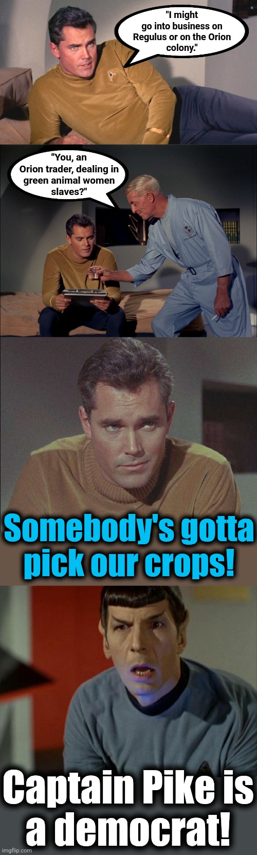 "I might
go into business on
Regulus or on the Orion
colony."; "You, an
Orion trader, dealing in
green animal women
slaves?"; Somebody's gotta
pick our crops! Captain Pike is
a democrat! | image tagged in shocked spock,memes,green animal women slaves,star trek,captain pike,democrat | made w/ Imgflip meme maker