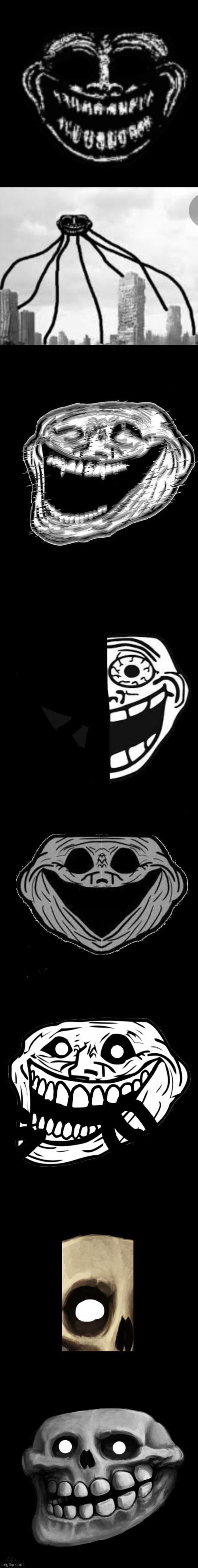 Trollge Becoming Uncanny: Phases 51-58. | image tagged in front facing trollge face,weeping god,trollge 6,skull troll,troll face,trollge | made w/ Imgflip meme maker