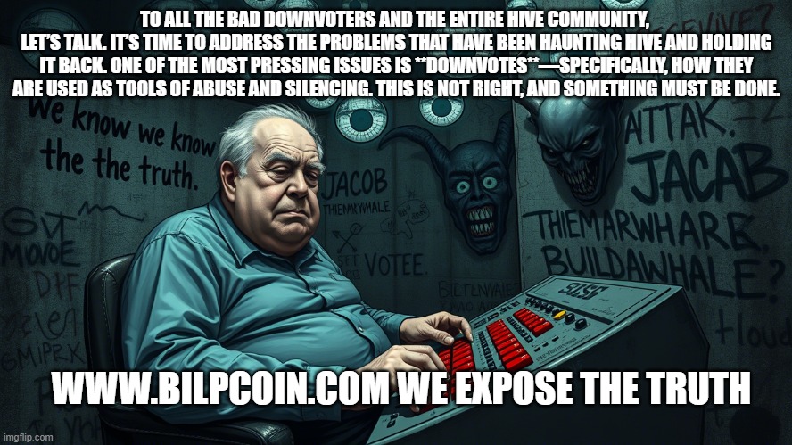 TO ALL THE BAD DOWNVOTERS AND THE ENTIRE HIVE COMMUNITY, 
LET’S TALK. IT’S TIME TO ADDRESS THE PROBLEMS THAT HAVE BEEN HAUNTING HIVE AND HOLDING IT BACK. ONE OF THE MOST PRESSING ISSUES IS **DOWNVOTES**—SPECIFICALLY, HOW THEY ARE USED AS TOOLS OF ABUSE AND SILENCING. THIS IS NOT RIGHT, AND SOMETHING MUST BE DONE. WWW.BILPCOIN.COM WE EXPOSE THE TRUTH | made w/ Imgflip meme maker