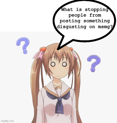 anime girl question mark | What is stopping people from posting something disgusting on msmg? | image tagged in anime girl question mark | made w/ Imgflip meme maker