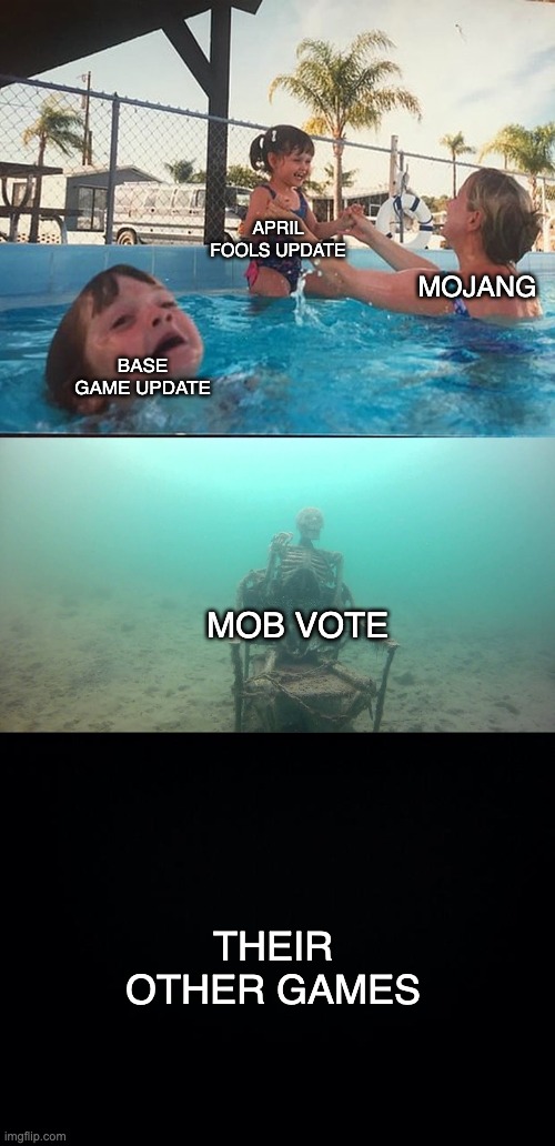 APRIL FOOLS UPDATE; MOJANG; BASE GAME UPDATE; MOB VOTE; THEIR OTHER GAMES | image tagged in mother ignoring kid drowning in a pool,black background | made w/ Imgflip meme maker