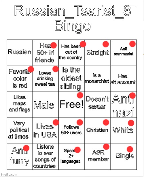 Russian_Tsarist_8 Bingo | image tagged in russian_tsarist_8 bingo | made w/ Imgflip meme maker