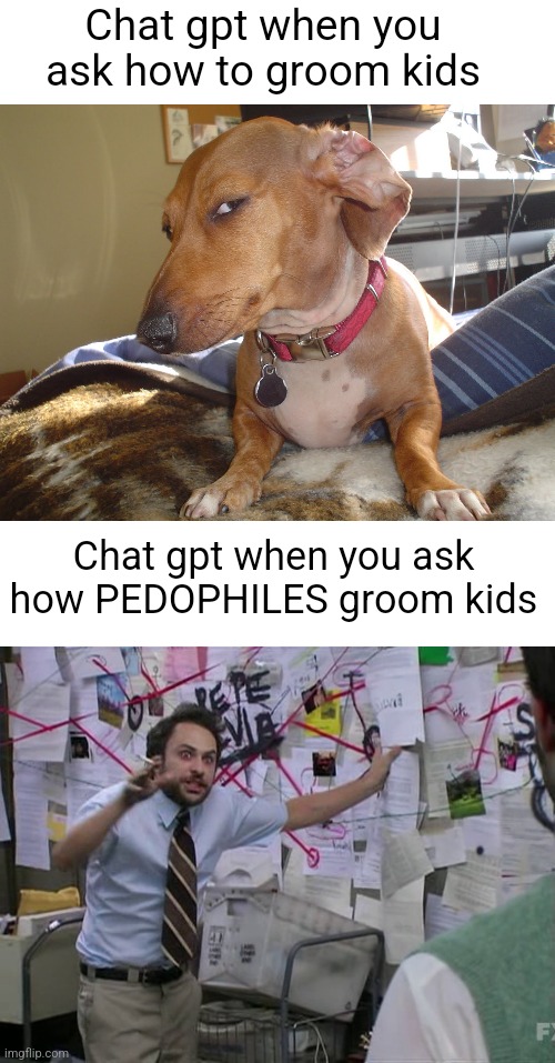 Chat gpt when you ask how to groom kids Chat gpt when you ask how PEDOPHILES groom kids | image tagged in suspicious dog,blank white template,charlie conspiracy always sunny in philidelphia | made w/ Imgflip meme maker