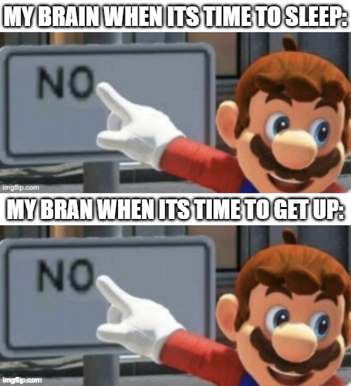 MY BRAIN WHEN ITS TIME TO SLEEP:; MY BRAN WHEN ITS TIME TO GET UP: | image tagged in mario no sign | made w/ Imgflip meme maker