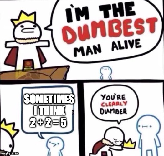 You gonna give him the crown cuz of that? | SOMETIMES I THINK 2 + 2 = 5 | image tagged in i m the dumbest person alive | made w/ Imgflip meme maker