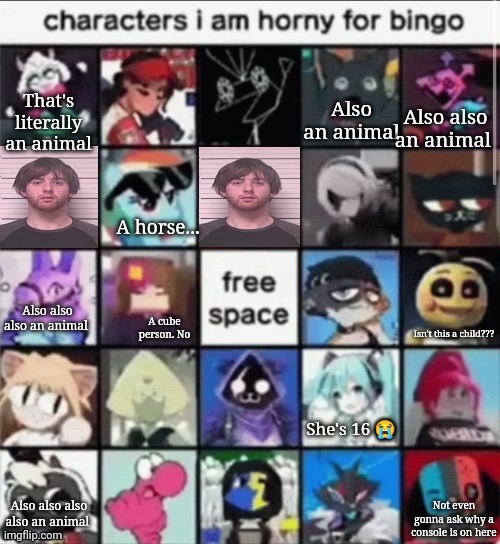 People are into this shit vruh??? | That's literally an animal; Also an animal; Also also an animal; A horse... Also also also an animal; A cube person. No; Isn't this a child??? She's 16 😭; Also also also also an animal; Not even gonna ask why a console is on here | made w/ Imgflip meme maker