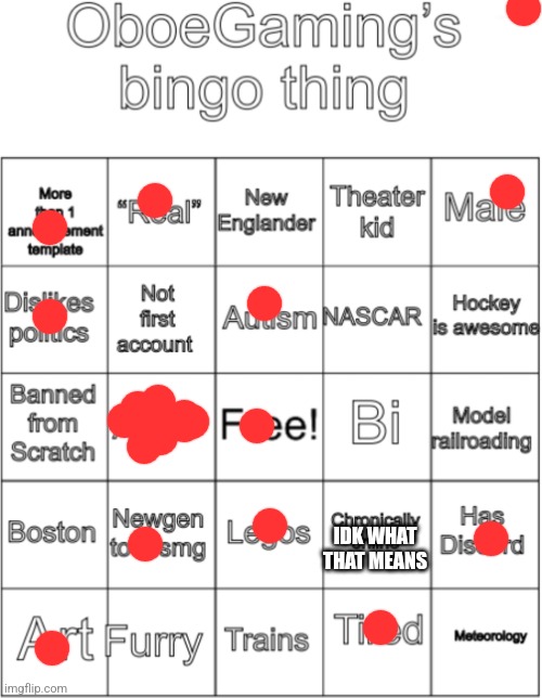OboeGaming bingo thing V1 | IDK WHAT THAT MEANS | image tagged in oboegaming bingo thing v1 | made w/ Imgflip meme maker