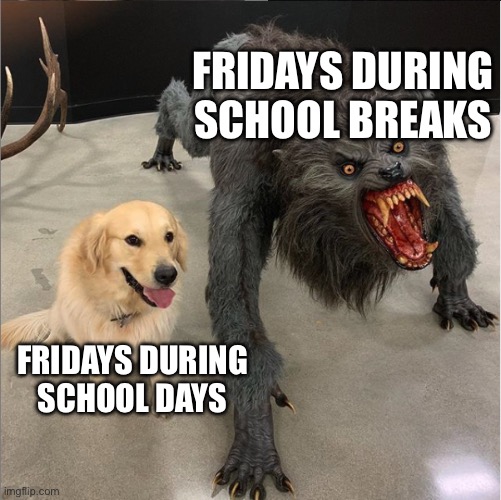 Fr though | FRIDAYS DURING SCHOOL BREAKS; FRIDAYS DURING SCHOOL DAYS | image tagged in dog vs werewolf,memes,so true,school | made w/ Imgflip meme maker