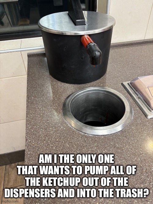 These ketchup dispensers at Wendy’s are so gross | AM I THE ONLY ONE THAT WANTS TO PUMP ALL OF THE KETCHUP OUT OF THE DISPENSERS AND INTO THE TRASH? | image tagged in wendy's,memes | made w/ Imgflip meme maker