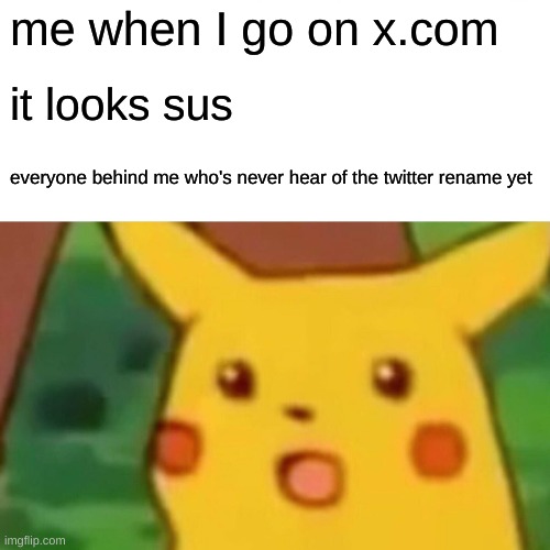 the twitter rename | me when I go on x.com; it looks sus; everyone behind me who's never hear of the twitter rename yet | image tagged in memes,surprised pikachu | made w/ Imgflip meme maker