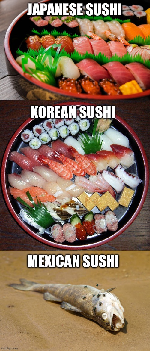 Sushi | JAPANESE SUSHI; KOREAN SUSHI; MEXICAN SUSHI | image tagged in sushi | made w/ Imgflip meme maker