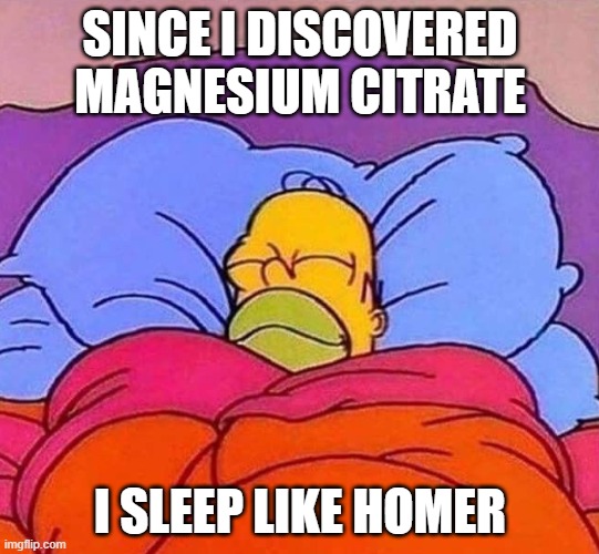 Sleep Like Homer | SINCE I DISCOVERED MAGNESIUM CITRATE; I SLEEP LIKE HOMER | image tagged in homer simpson sleeping peacefully | made w/ Imgflip meme maker