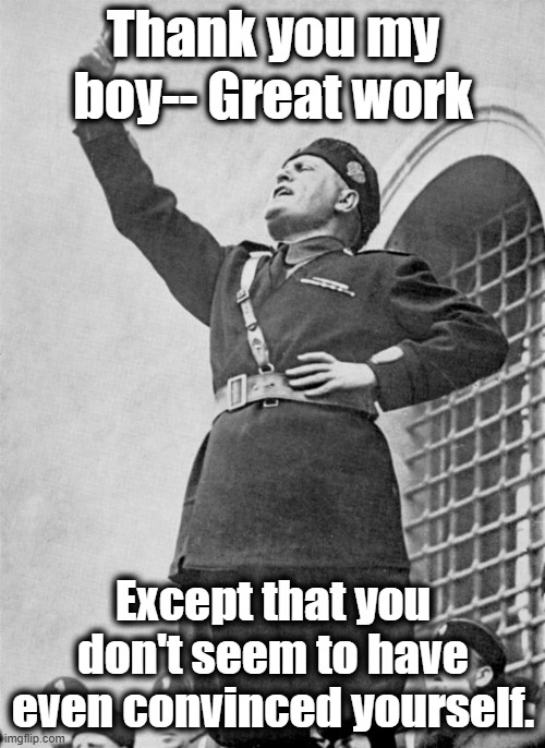 Mussolini | Thank you my boy-- Great work Except that you don't seem to have even convinced yourself. | image tagged in mussolini | made w/ Imgflip meme maker