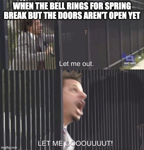 finally spring break | WHEN THE BELL RINGS FOR SPRING BREAK BUT THE DOORS AREN'T OPEN YET | image tagged in let me out,memes,funny,school,spring break,freedom | made w/ Imgflip meme maker