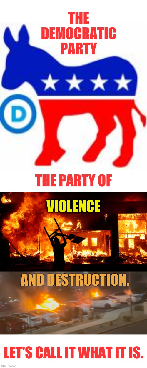 Let's Call It What It Is | THE DEMOCRATIC PARTY; THE PARTY OF; VIOLENCE; AND DESTRUCTION. LET'S CALL IT WHAT IT IS. | image tagged in on fire,politics,memes,democratic party,violence,destruction | made w/ Imgflip meme maker