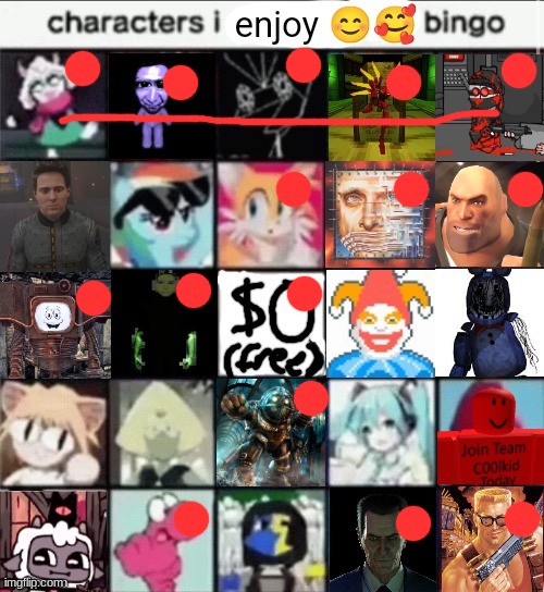 can't decide if yes man or vibri is my favorite | image tagged in characters i enjoy bingo | made w/ Imgflip meme maker