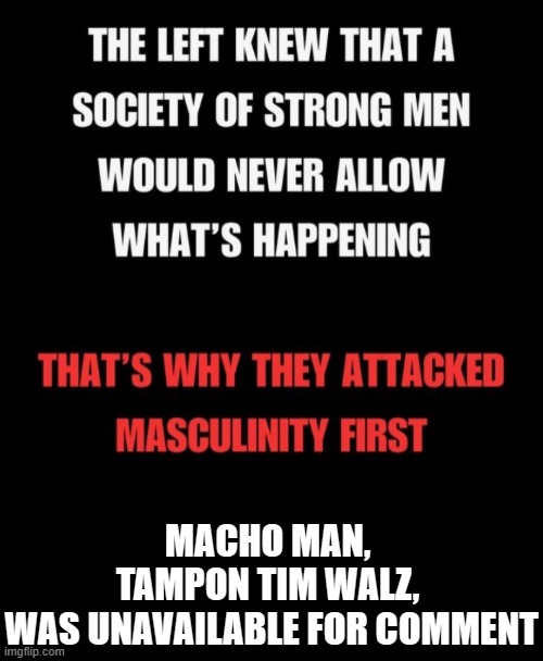 Masculinity--They call it TOXIC because they want to end it. | MACHO MAN, 
TAMPON TIM WALZ, 
WAS UNAVAILABLE FOR COMMENT | image tagged in strong,men,toxic masculinity,masculinity,weak,leftists | made w/ Imgflip meme maker