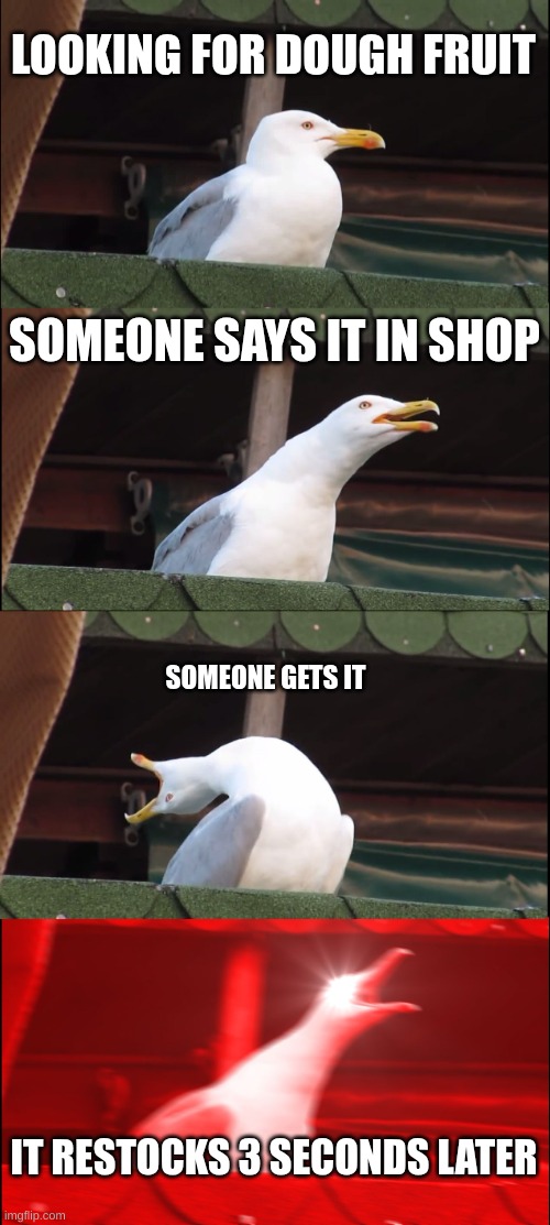 Inhaling Seagull | LOOKING FOR DOUGH FRUIT; SOMEONE SAYS IT IN SHOP; SOMEONE GETS IT; IT RESTOCKS 3 SECONDS LATER | image tagged in memes,inhaling seagull | made w/ Imgflip meme maker