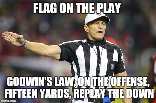 Godwins law/Hitler fallacy referee | image tagged in logical fallacy referee,godwins law | made w/ Imgflip meme maker