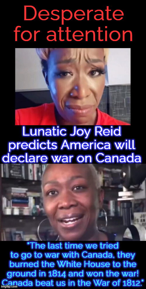 NY Times described Reid as a "heroine" because of her lies against Donald Trump | Desperate for attention; Lunatic Joy Reid predicts America will declare war on Canada; "The last time we tried to go to war with Canada, they burned the White House to the ground in 1814 and won the war! Canada beat us in the War of 1812." | image tagged in joy reid,unemployed,msm,liar | made w/ Imgflip meme maker