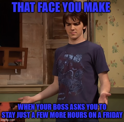 boss | THAT FACE YOU MAKE; WHEN YOUR BOSS ASKS YOU TO STAY JUST A FEW MORE HOURS ON A FRIDAY | image tagged in memes | made w/ Imgflip meme maker