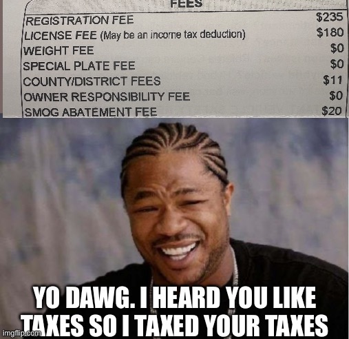 Tax your taxes | YO DAWG. I HEARD YOU LIKE TAXES SO I TAXED YOUR TAXES | image tagged in memes,yo dawg heard you | made w/ Imgflip meme maker