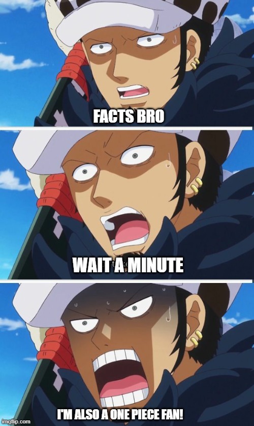 FACTS BRO WAIT A MINUTE I'M ALSO A ONE PIECE FAN! | image tagged in one piece trafalgar d water law i don't like bread | made w/ Imgflip meme maker