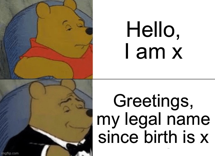 Tuxedo Winnie The Pooh | Hello, I am x; Greetings, my legal name since birth is x | image tagged in memes,tuxedo winnie the pooh | made w/ Imgflip meme maker