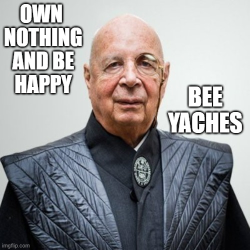 Klaus Schwab | OWN 
NOTHING
AND BE
HAPPY BEE YACHES | image tagged in klaus schwab | made w/ Imgflip meme maker