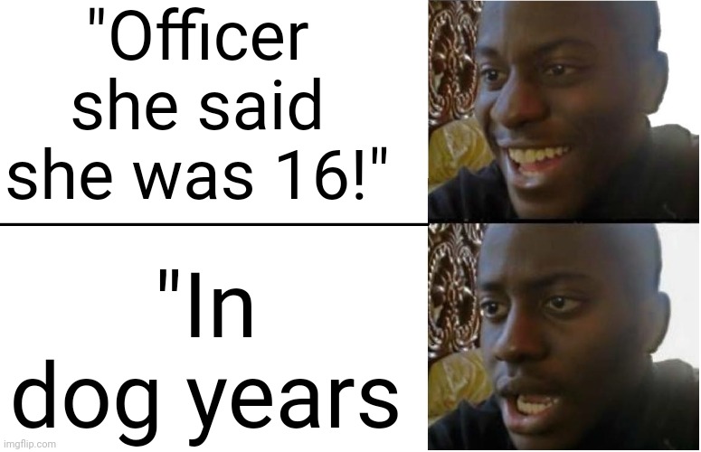 Disappointed Black Guy | "Officer she said she was 16!" "In dog years | image tagged in disappointed black guy | made w/ Imgflip meme maker