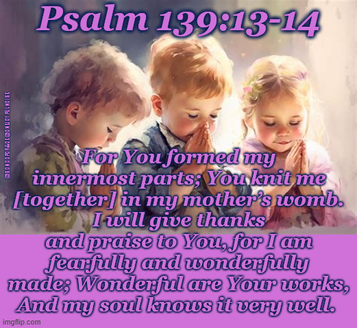 Psalm 139:13-14 | Psalm 139:13-14; For You formed my innermost parts; You knit me [together] in my mother’s womb.
I will give thanks and praise to You, for I am fearfully and wonderfully made; Wonderful are Your works,
And my soul knows it very well. @SONGOFGRACE @ONEJOYFULNOISE | image tagged in biblical encouragement | made w/ Imgflip meme maker