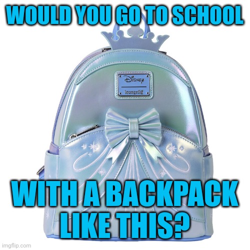 Would you take this backpack to school? | WOULD YOU GO TO SCHOOL; WITH A BACKPACK
LIKE THIS? | image tagged in disney,cinderella,backpack,school,75th,anniversary | made w/ Imgflip meme maker