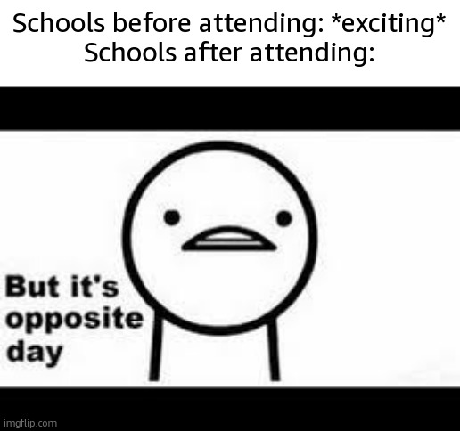 They look good till you turn 5 | Schools before attending: *exciting*
Schools after attending: | image tagged in but it's opposite day,funny,memes,schools,relatable,before and after | made w/ Imgflip meme maker