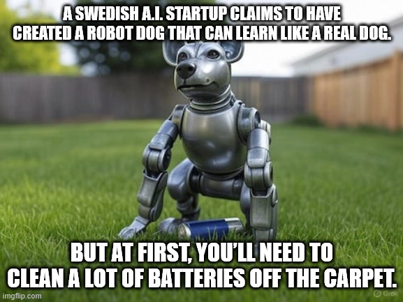 A Swedish A.I. startup claims to have created a robot dog that can learn like a real dog. | A SWEDISH A.I. STARTUP CLAIMS TO HAVE CREATED A ROBOT DOG THAT CAN LEARN LIKE A REAL DOG. BUT AT FIRST, YOU’LL NEED TO CLEAN A LOT OF BATTERIES OFF THE CARPET. | image tagged in robot dog | made w/ Imgflip meme maker