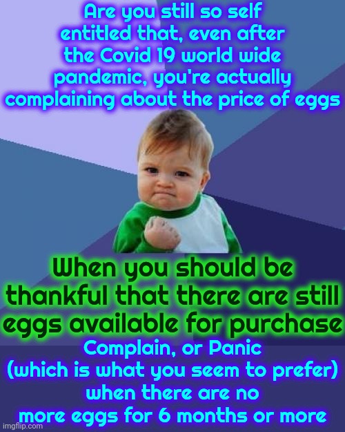 Does Your Food Depend On Someone Else's Embryos Or Flesh?What Kind Of Barbarian Are You? Who's Corpse Is For Breakfast?  Gross | Are you still so self entitled that, even after the Covid 19 world wide pandemic, you're actually complaining about the price of eggs; When you should be thankful that there are still eggs available for purchase; Complain, or Panic
(which is what you seem to prefer)
when there are no more eggs for 6 months or more | image tagged in memes,success kid,carnivores,vegetarians,vegans,flesh eaters | made w/ Imgflip meme maker