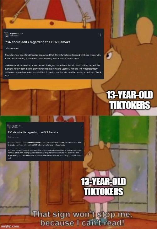 DC Leakers moment | 13-YEAR-OLD TIKTOKERS; 13-YEAR-OLD TIKTOKERS | image tagged in dw sign won't stop me because i can't read,disventurecamp | made w/ Imgflip meme maker