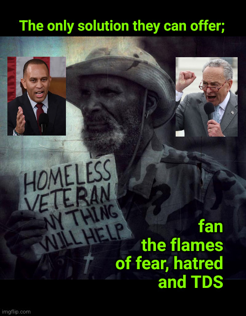 The only solution Democrats can offer ... | The only solution they can offer;; fan
the flames
of fear, hatred
and TDS | image tagged in homeless veteran,tds,fear,hatred,propaganda | made w/ Imgflip meme maker