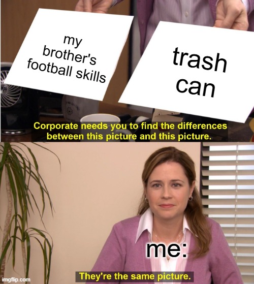 Me when my brother ask what i think about his skills | my brother's football skills; trash can; me: | image tagged in memes,they're the same picture | made w/ Imgflip meme maker