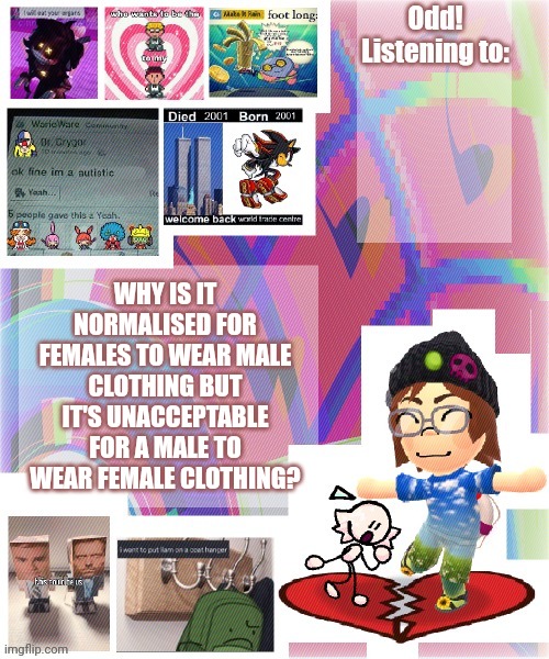 Odd announcement template mii version | WHY IS IT NORMALISED FOR FEMALES TO WEAR MALE CLOTHING BUT IT'S UNACCEPTABLE FOR A MALE TO WEAR FEMALE CLOTHING? | image tagged in odd announcement template mii version | made w/ Imgflip meme maker