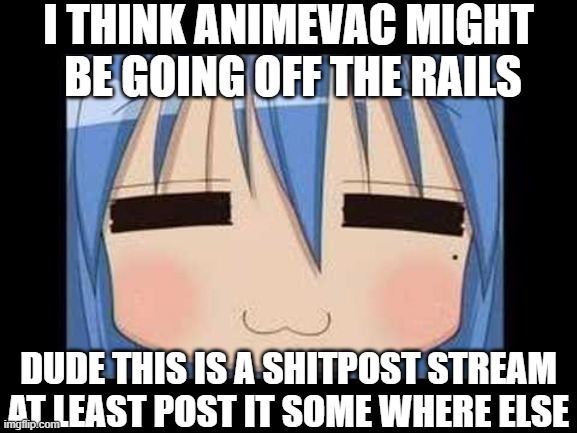 lucky star konata izumi | I THINK ANIMEVAC MIGHT  BE GOING OFF THE RAILS; DUDE THIS IS A SHITPOST STREAM AT LEAST POST IT SOME WHERE ELSE | image tagged in lucky star konata izumi | made w/ Imgflip meme maker