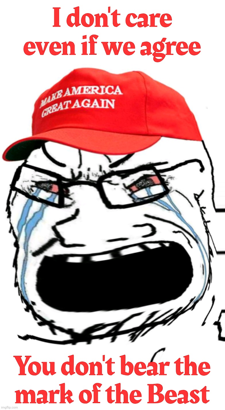 MAGAts will do anything to argue against those not of the flock, even on occasions that they're in agreement with you | I don't care even if we agree You don't bear the
mark of the Beast | image tagged in crying maga wojak,magats,mark of the beast,member of the flock,argue no matter what,they get paid in rubles to do so | made w/ Imgflip meme maker