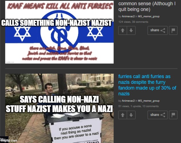 i don't know if this counts as irony or if i am even right here and if anyone wants me to stop giving this nutcase attention jus | CALLS SOMETHING NON-NAZIST NAZIST; SAYS CALLING NON-NAZI STUFF NAZIST MAKES YOU A NAZI | made w/ Imgflip meme maker