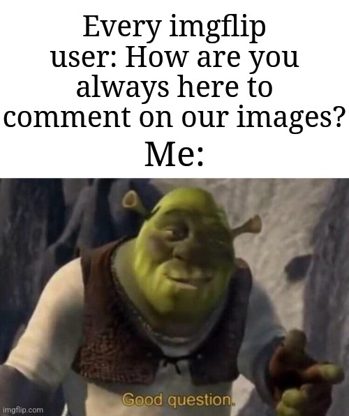 I get used to this question a lot tbh | Every imgflip user: How are you always here to comment on our images? Me: | image tagged in shrek good question,memes,funny,comments | made w/ Imgflip meme maker