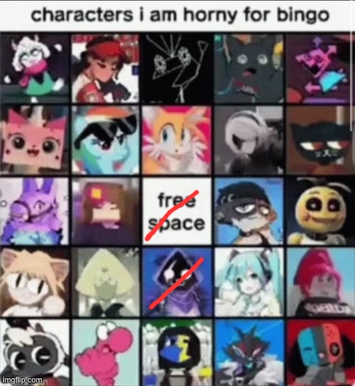 the fuck is this bingo | image tagged in characters i am horny | made w/ Imgflip meme maker