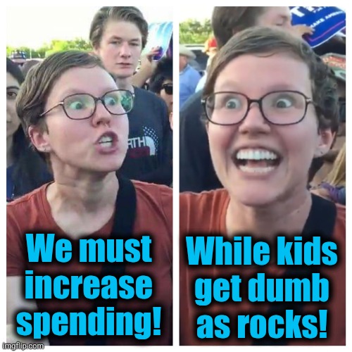 Social Justice Warrior Hypocrisy | We must
increase
spending! While kids
get dumb
as rocks! | image tagged in social justice warrior hypocrisy | made w/ Imgflip meme maker