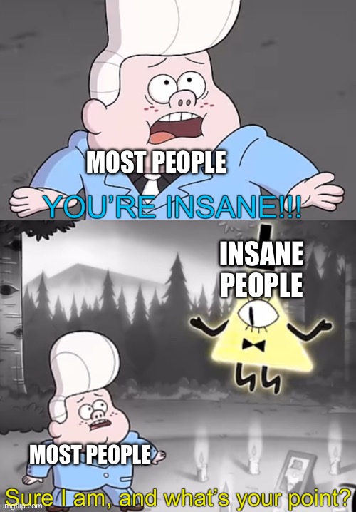 Sure I am, and what’s your point? | MOST PEOPLE; INSANE PEOPLE; MOST PEOPLE | image tagged in sure i am and what s your point | made w/ Imgflip meme maker