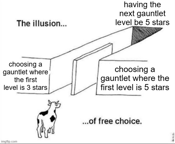 Illusion of free choice | having the next gauntlet level be 5 stars; choosing a gauntlet where the first level is 3 stars; choosing a gauntlet where the first level is 5 stars | image tagged in illusion of free choice | made w/ Imgflip meme maker